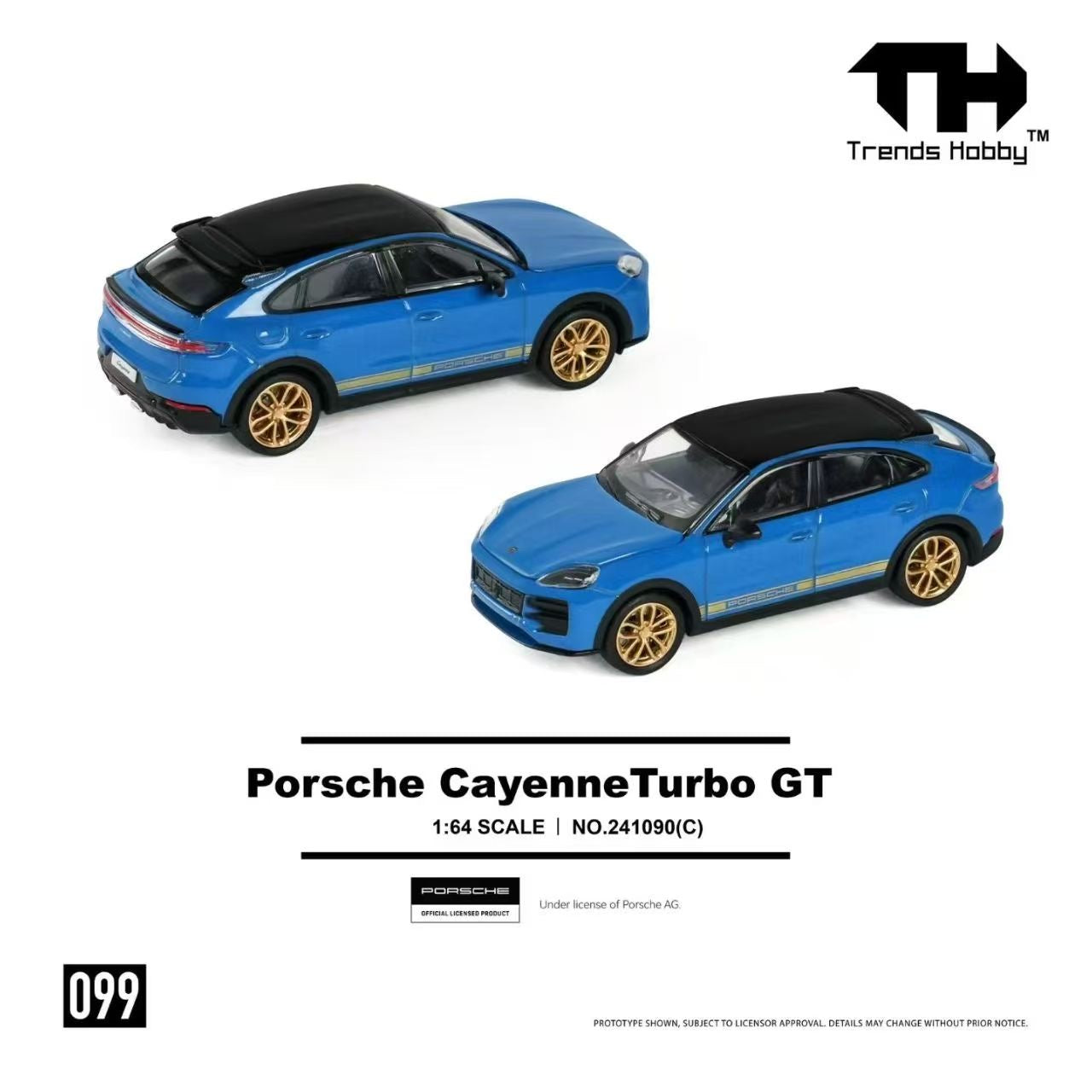 Two blue model cars of Porsche Cayenne Turbo GT on a white background with Trends Hobby branding.