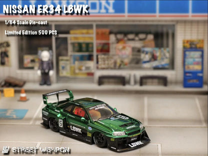 Street Weapon 1:64 Nissan LBWK ER34 Special Edition - Chrome Green (Preorder)