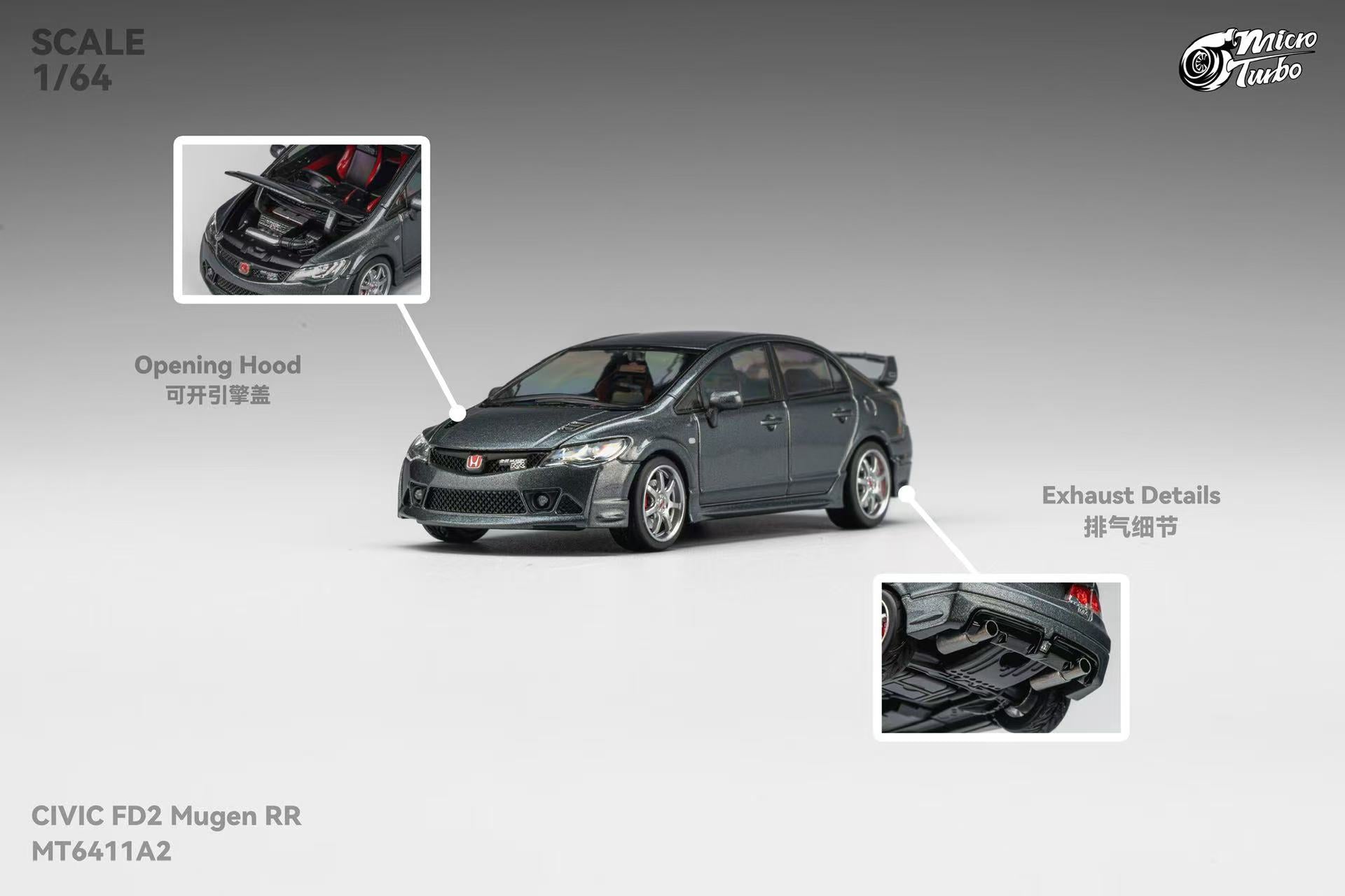 Model car of a Civic FD2 Mugen RR with detailed features on a gray background