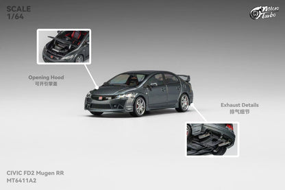 Model car of a Civic FD2 Mugen RR with detailed features on a gray background