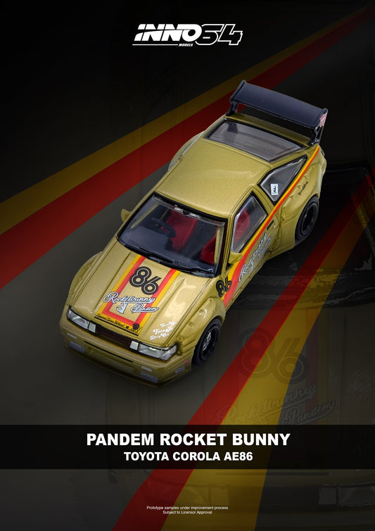 Model car of a Toyota Corolla AE86 with 'Pandem Rocket Bunny' design on a dark background.