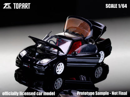 Black model car with open doors on a reflective surface, featuring Topart branding.