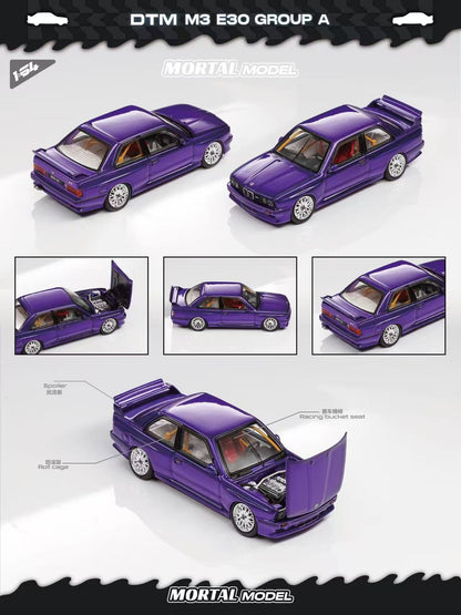 Purple car model with multiple views and details on a white background