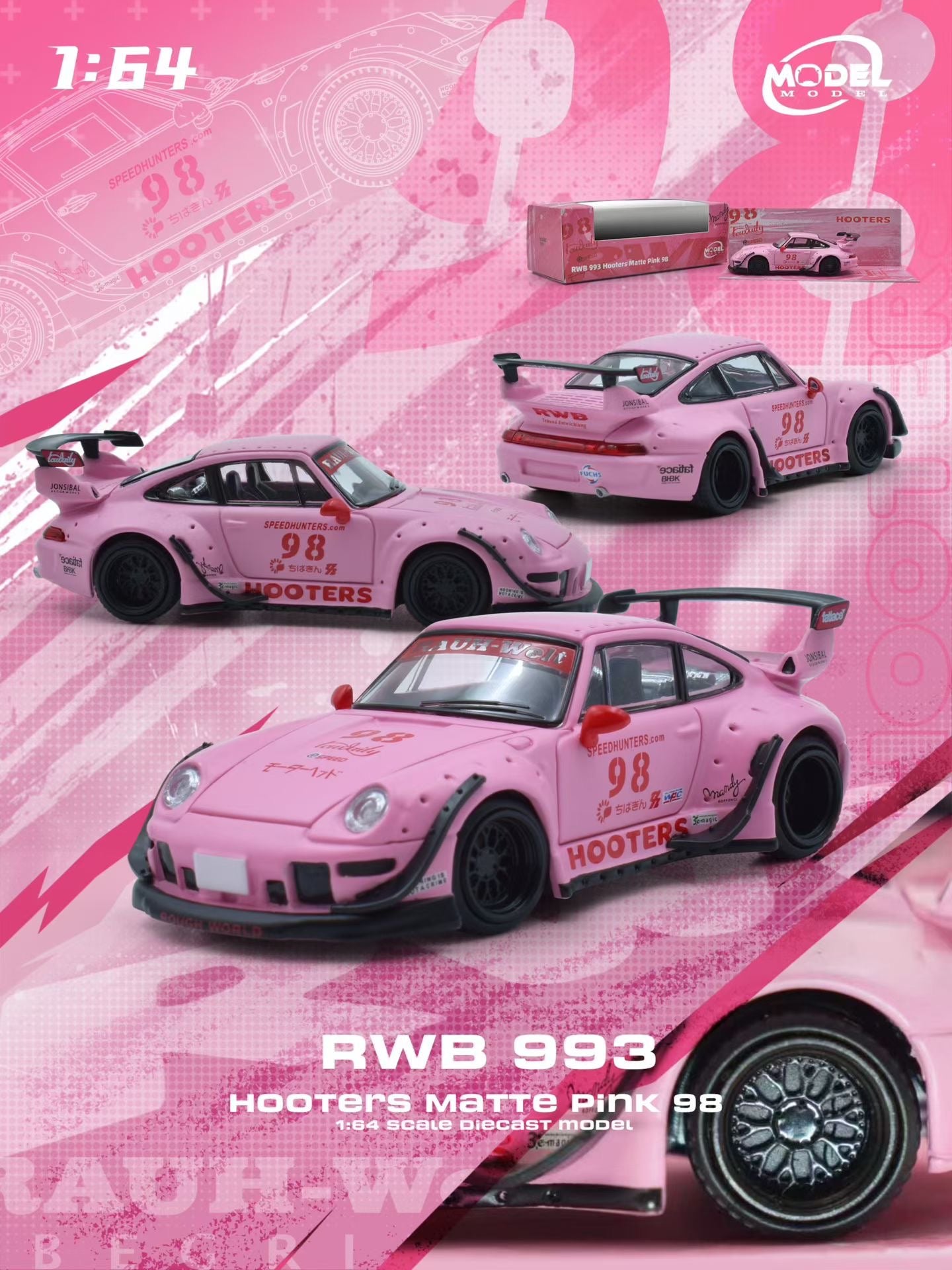 Model car kit of a pink RWB 993 on a pink background with 'Hooters' branding.