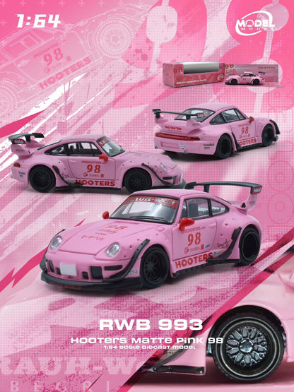 Model car kit of a pink RWB 993 on a pink background with 'Hooters' branding.