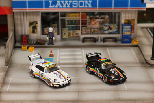 Two toy cars in front of a Lawson store.