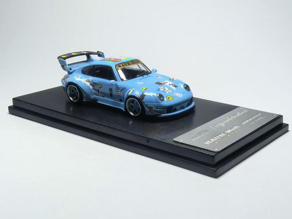 Model car on a display stand with a light blue color scheme