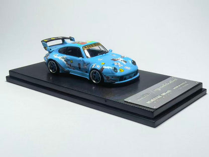 Model car on a display stand with a light blue color scheme