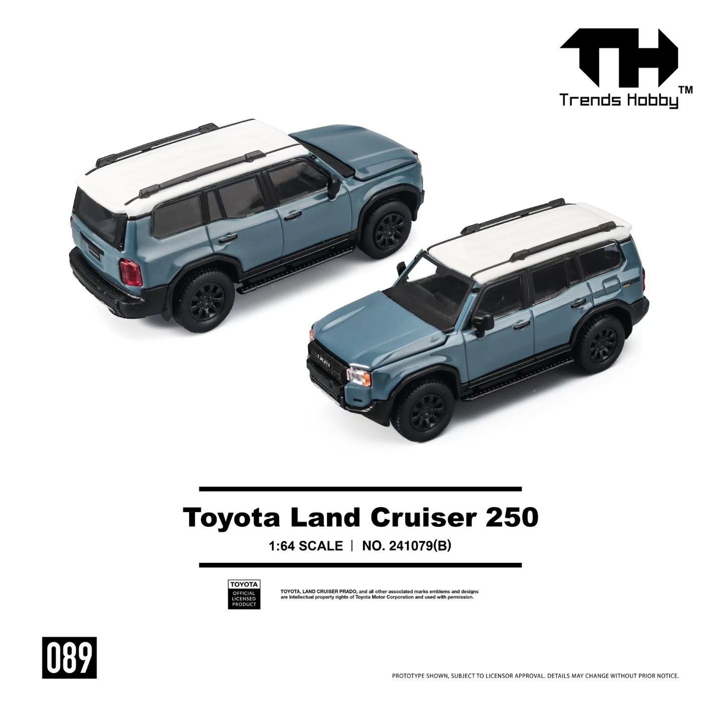 Model toy of Toyota Land Cruiser 250 with white roof on a white background, featuring Trends Hobby branding.