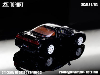 Black model car on a reflective surface with 'Topart' branding.