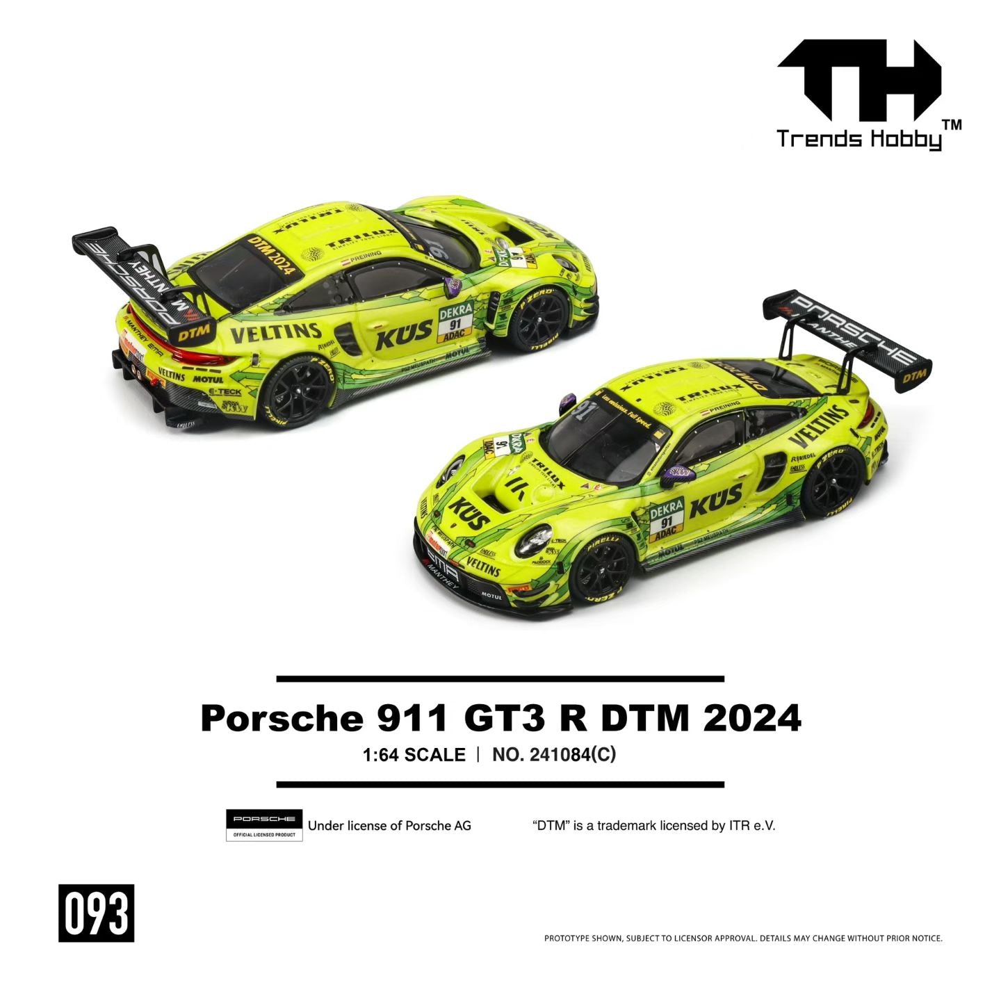 Two model Porsche 911 GT3 R cars on a white background with Trends Hobby branding.