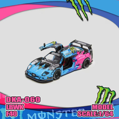 Colorful model car with 'Monster' branding on a white background