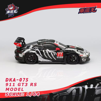 Model car DKA-075 911 GT3 RS with black and white design on a gray background