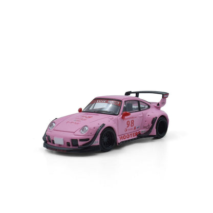 Pink sports car model with 'Hooters' branding on a white background