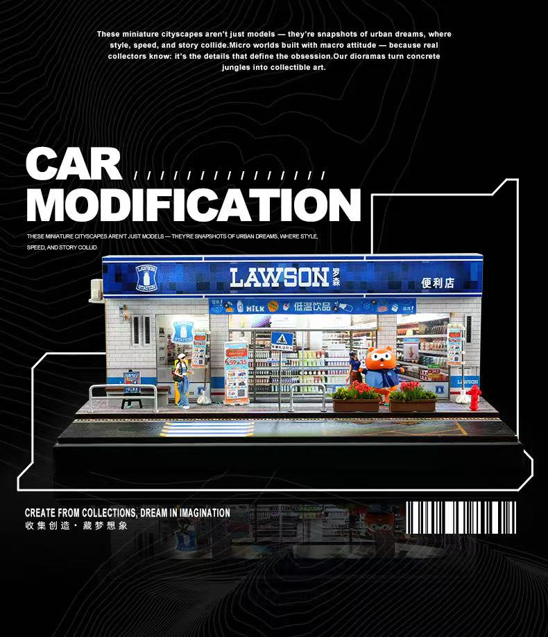 Model of a Lawson convenience store with 'Car Modification' text and branding.
