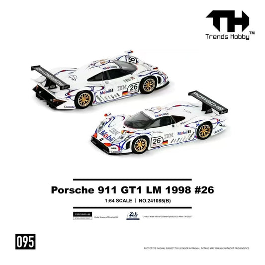 Model of Porsche 911 GT1 LM 1998 #26 with 'Trends Hobby' branding on a white background.
