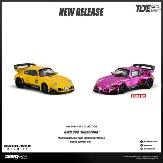 INNO64 RWB 993 Cinderella 1:64 diecast model showing yellow standard and pink chrome chase versions, Thailand Diecast Expo 2026 Event Edition