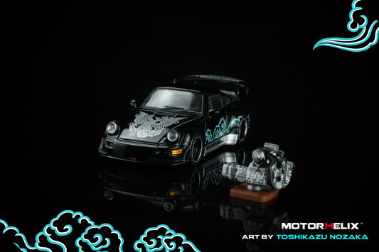 Model car with open hood on a black background, featuring the MotorHelix logo.