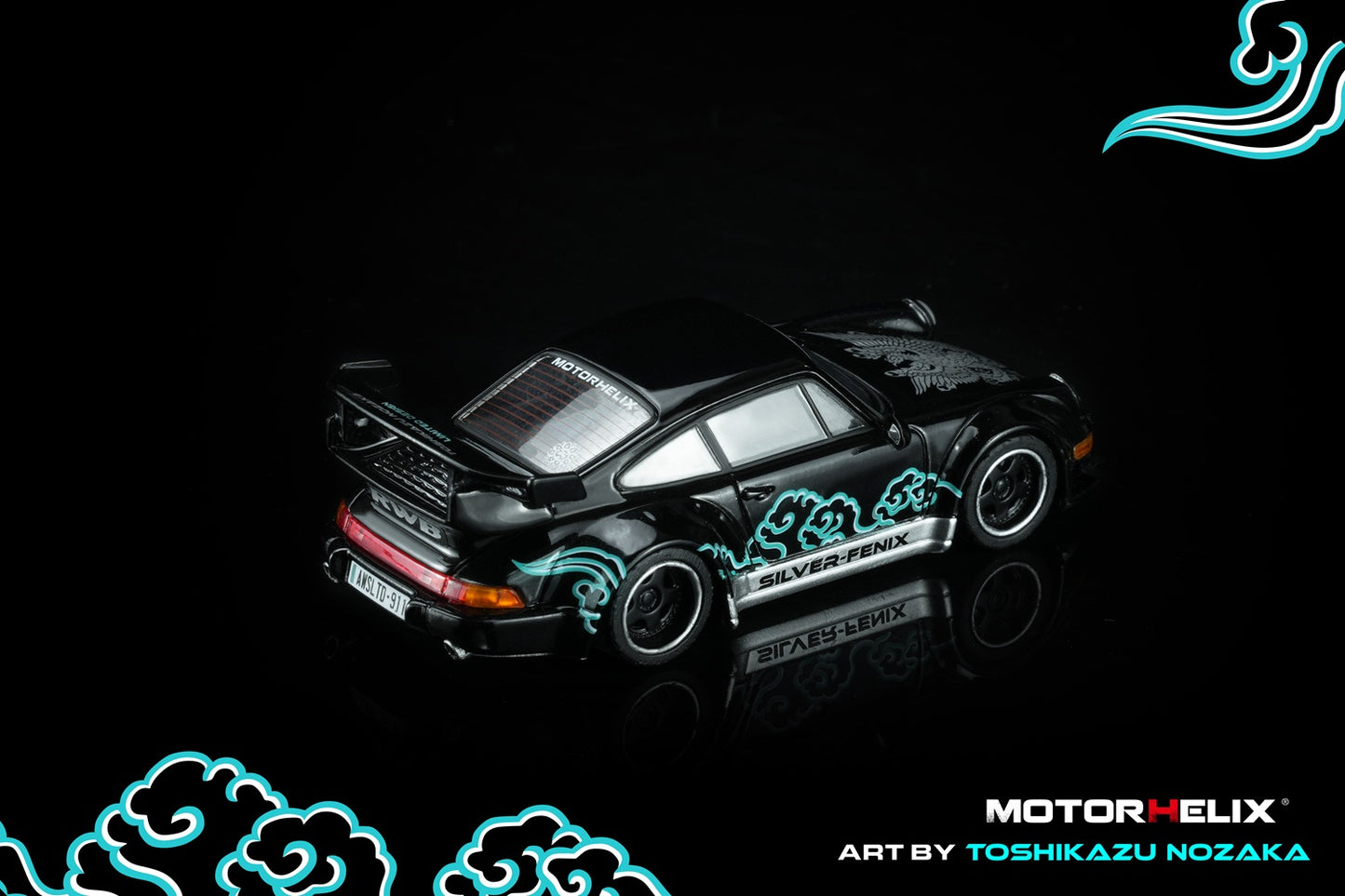 Black toy car with blue graphics on a black background, featuring the brand 'Motorhelix'.