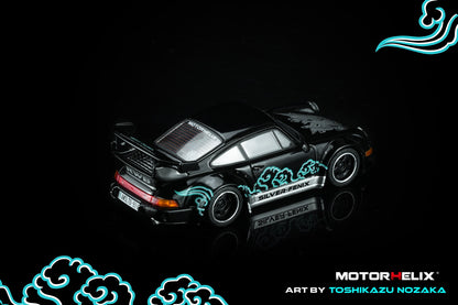 Black toy car with blue graphics on a black background, featuring the brand 'Motorhelix'.