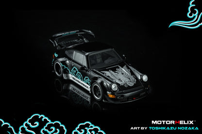 Toy car with black and white design on a dark background, featuring MotorHelix branding.