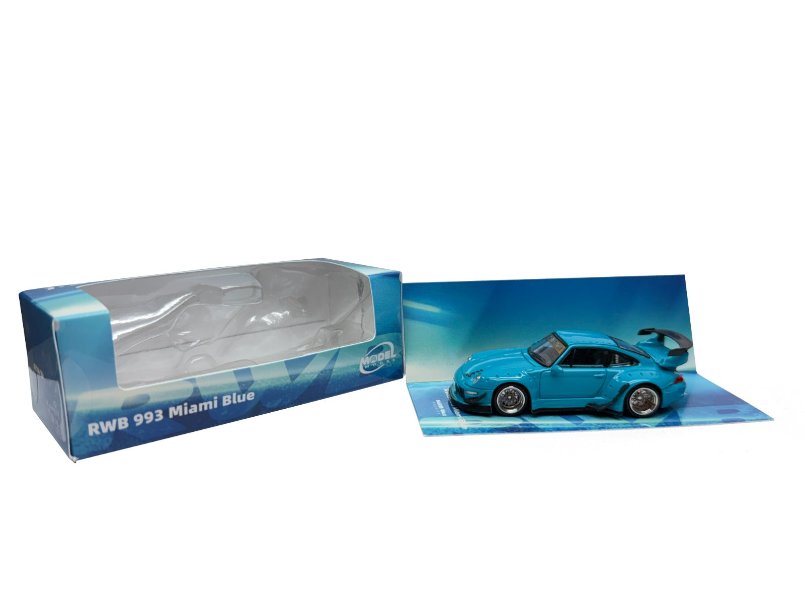 Blue model car with packaging on a white background