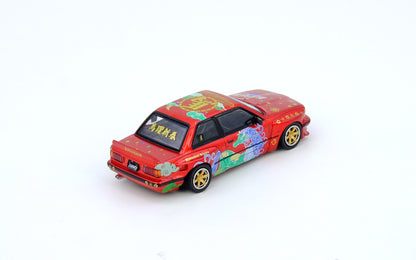 Colorful toy car with floral design on a white background