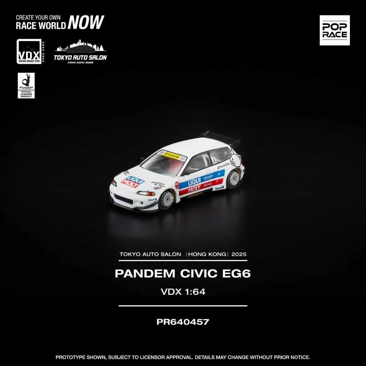 Model car of a Pandem Civic EG6 on a black background with branding and text.
