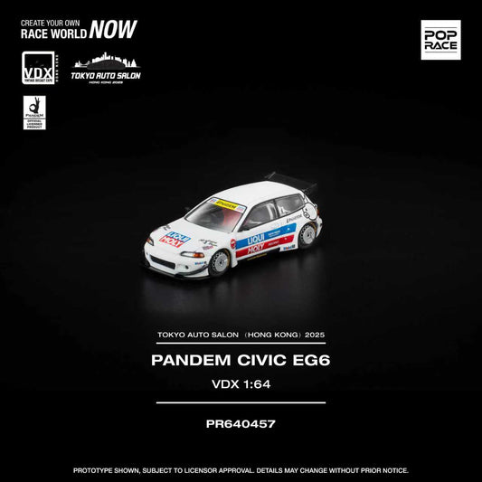 Model car of a Pandem Civic EG6 on a black background with branding and text.