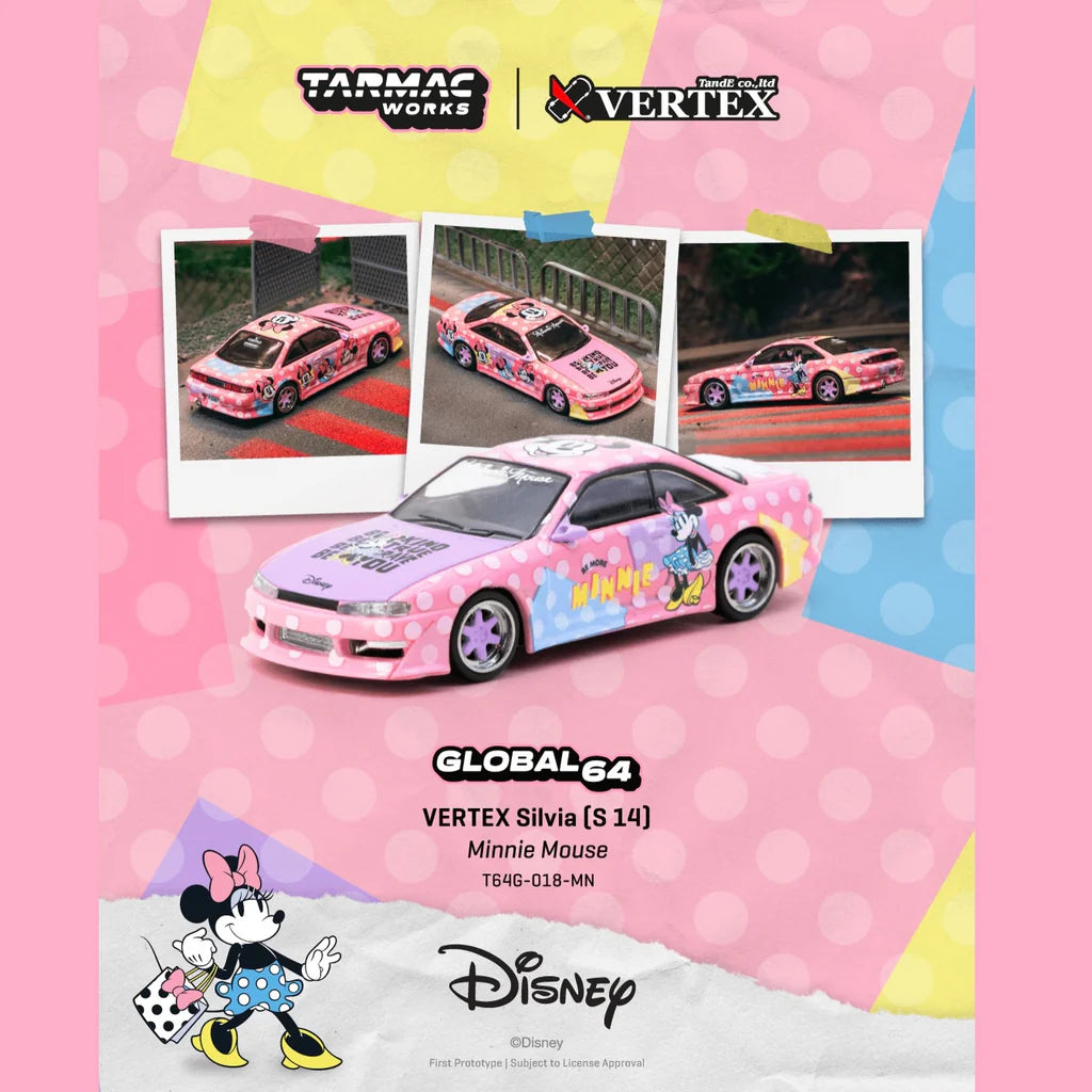 Pink toy car with colorful design on a pink background featuring Tarmac Works and Vertex logos.