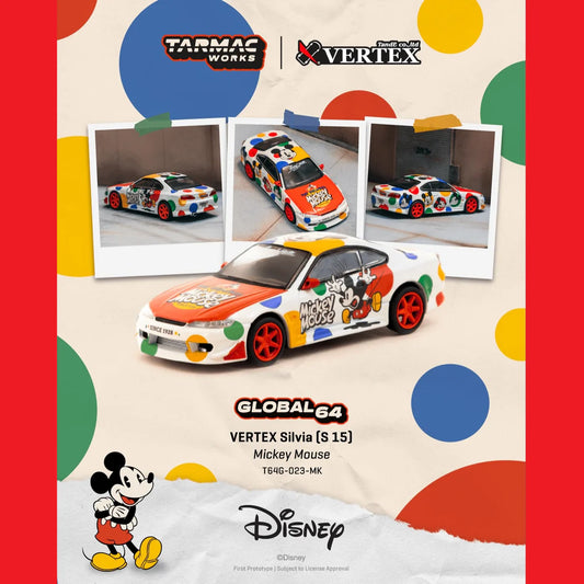 Colorful toy car with Disney character design on a decorative background with Tarmac Works and Vertex branding.