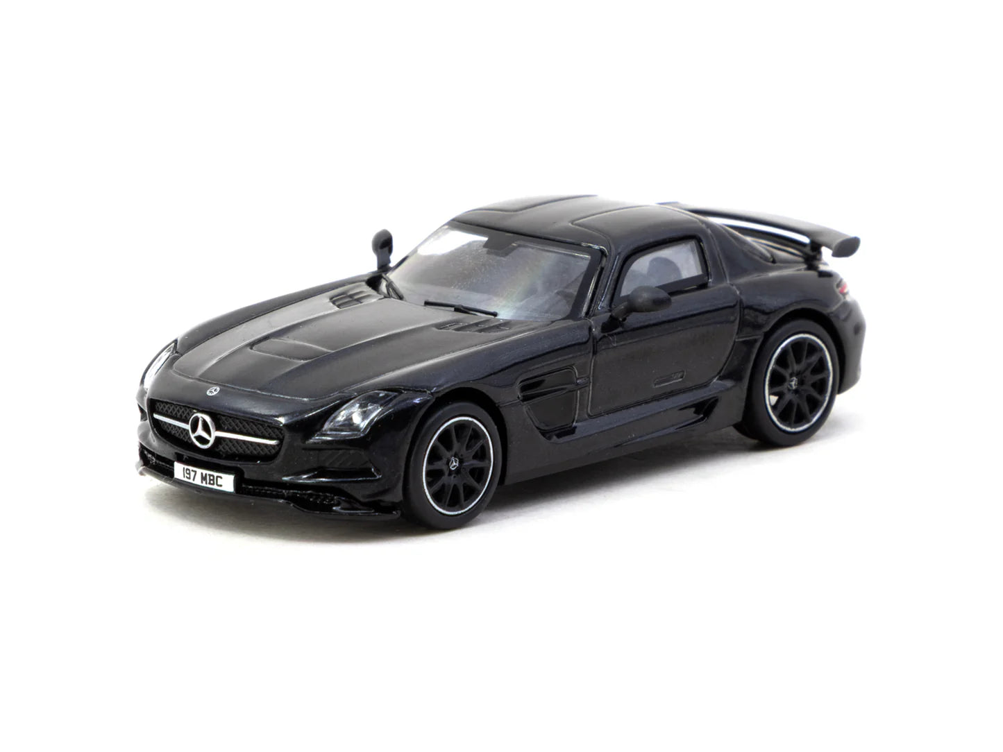 A black Mercedes-Benz SLS AMG model car with a sleek, aerodynamic design is displayed on a white background. Its sporty look conveys speed and luxury.