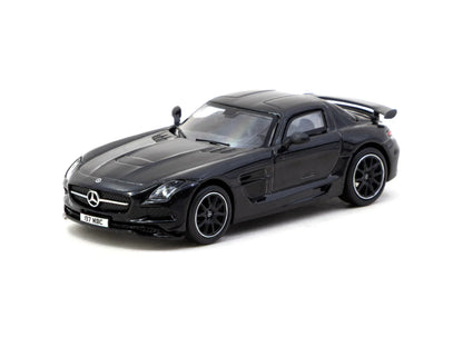 A black Mercedes-Benz SLS AMG model car with a sleek, aerodynamic design is displayed on a white background. Its sporty look conveys speed and luxury.